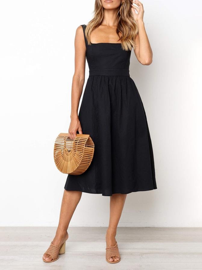 Simple Suspender Square Neck Backless Dress