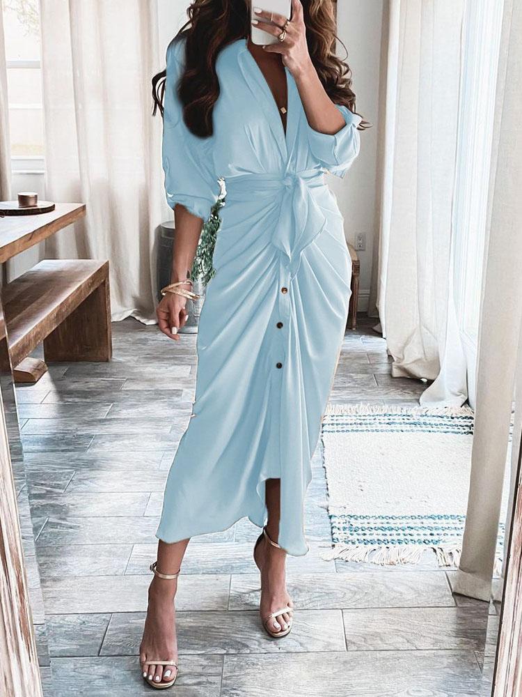 Summer V-neck Button Solid Long Dress