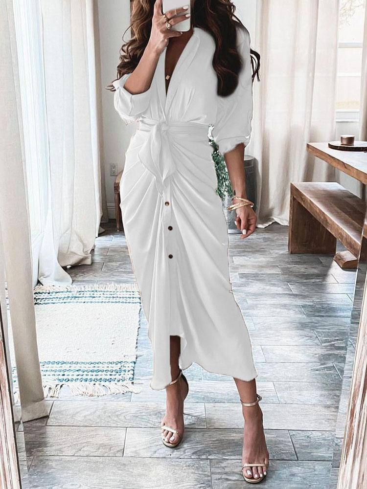 Summer V-neck Button Solid Long Dress