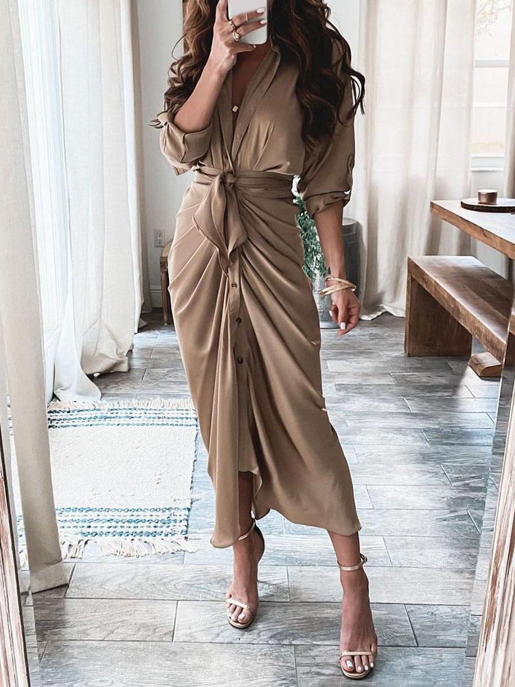 Summer V-neck Button Solid Long Dress