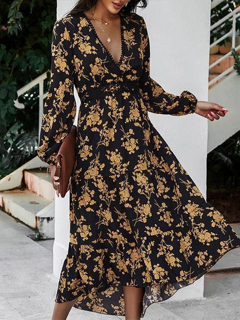 Robe Décontractée Mi-longue Col V Taille Imprimée