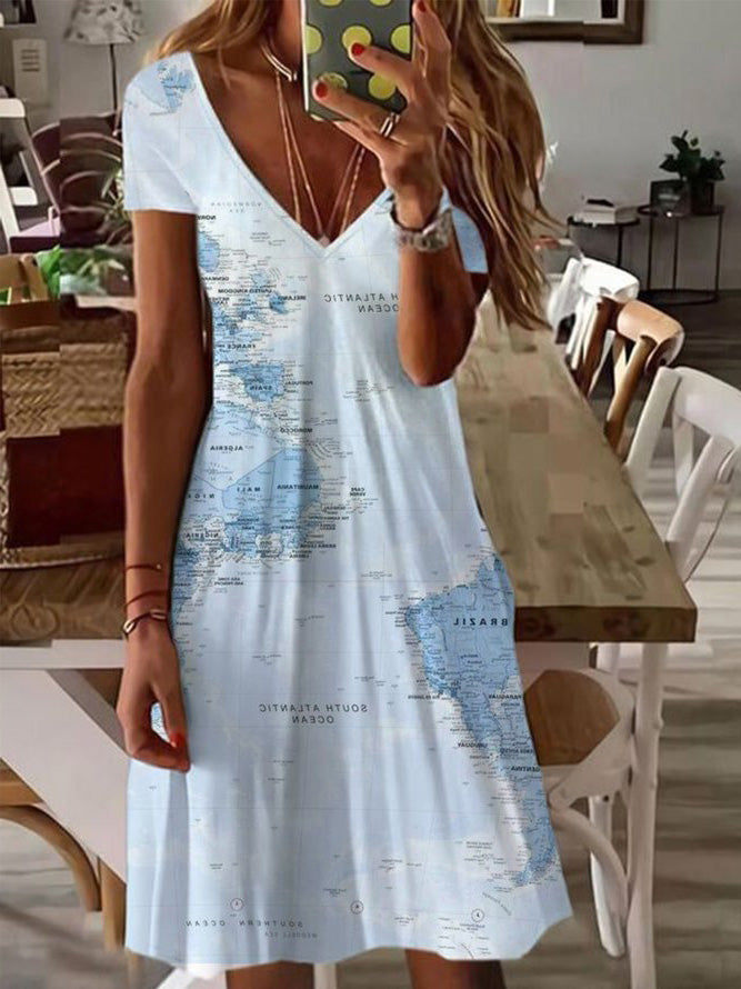 Women's Dresses Map Print V-Neck Short Sleeve Dress