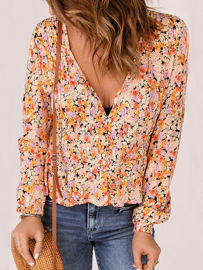 Women's Blouses Floral Print V-Neck Long Sleeve Blouse