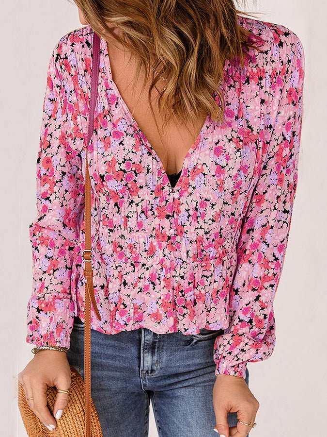 Women's Blouses Floral Print V-Neck Long Sleeve Blouse