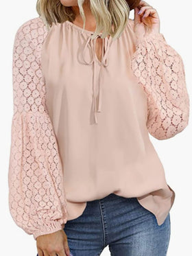 Women's Blouses Loose Crew Neck Tie Lace Long Sleeve Blouse