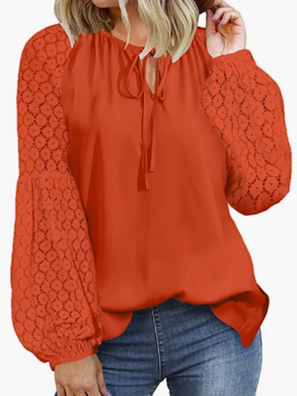 Women's Blouses Loose Crew Neck Tie Lace Long Sleeve Blouse