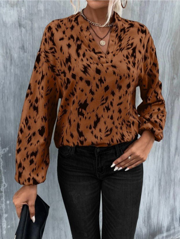 Women's Blouses Loose V-Neck Printed Long Sleeve Blouse