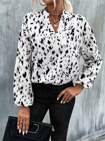 Women's Blouses Loose V-Neck Printed Long Sleeve Blouse