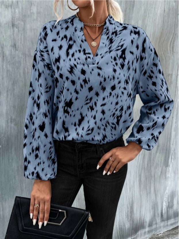 Women's Blouses Loose V-Neck Printed Long Sleeve Blouse