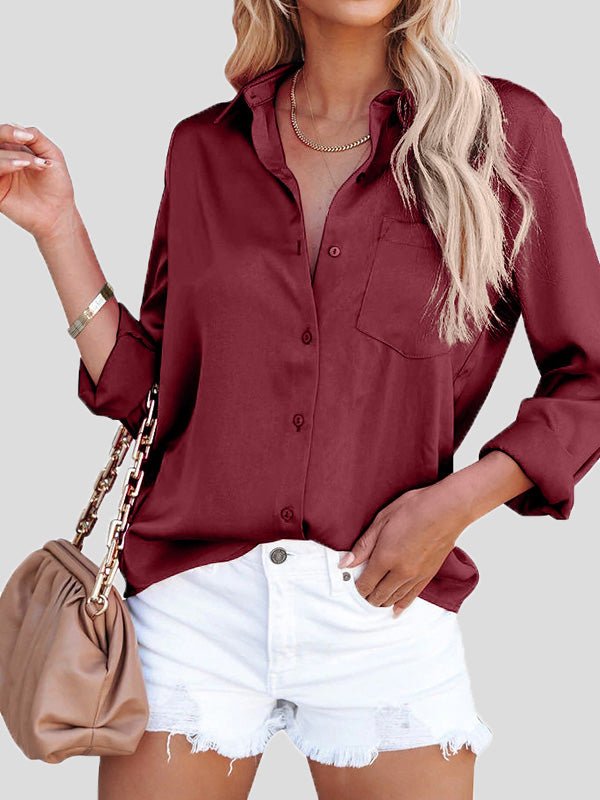 Women's Blouses Satin Lapel Button Long Sleeve Blouse