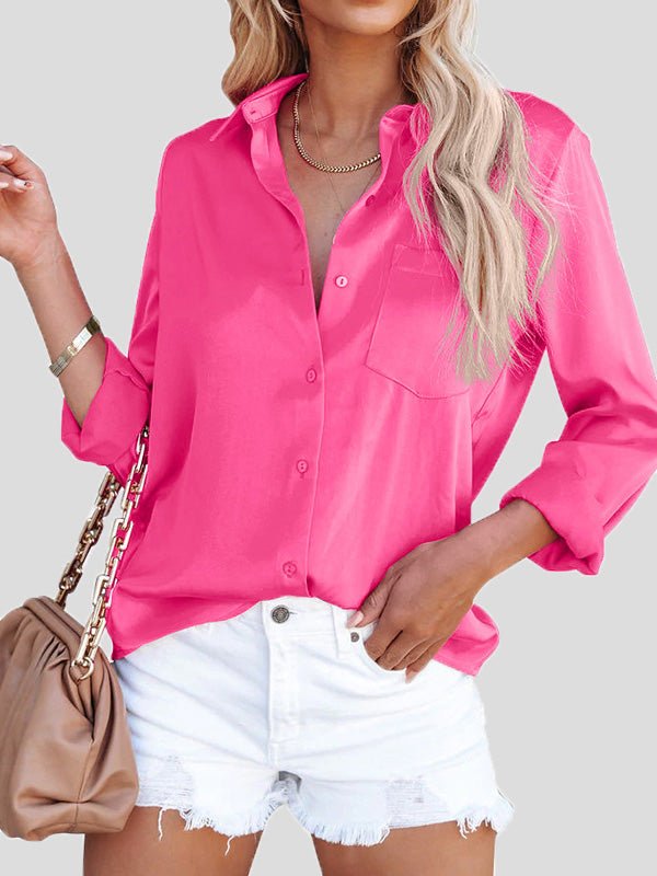 Women's Blouses Satin Lapel Button Long Sleeve Blouse