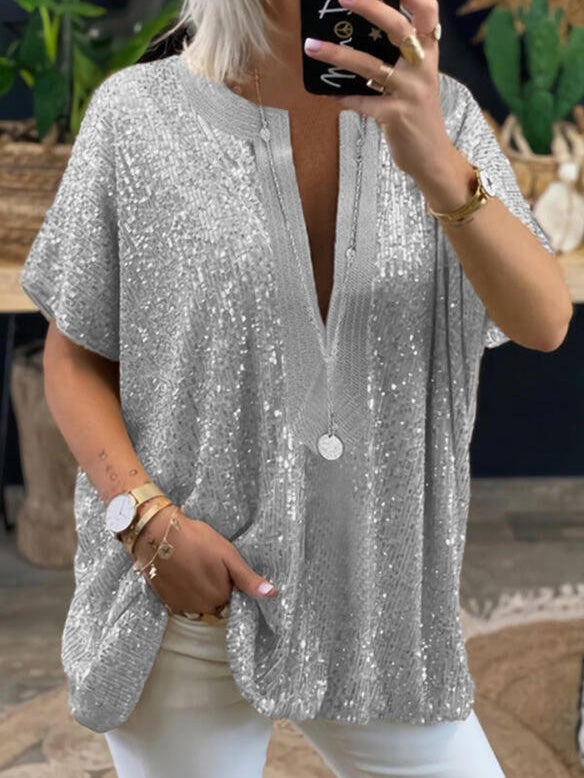 Women's Blouses Sequined V-Neck Short Sleeve Casual Blouse