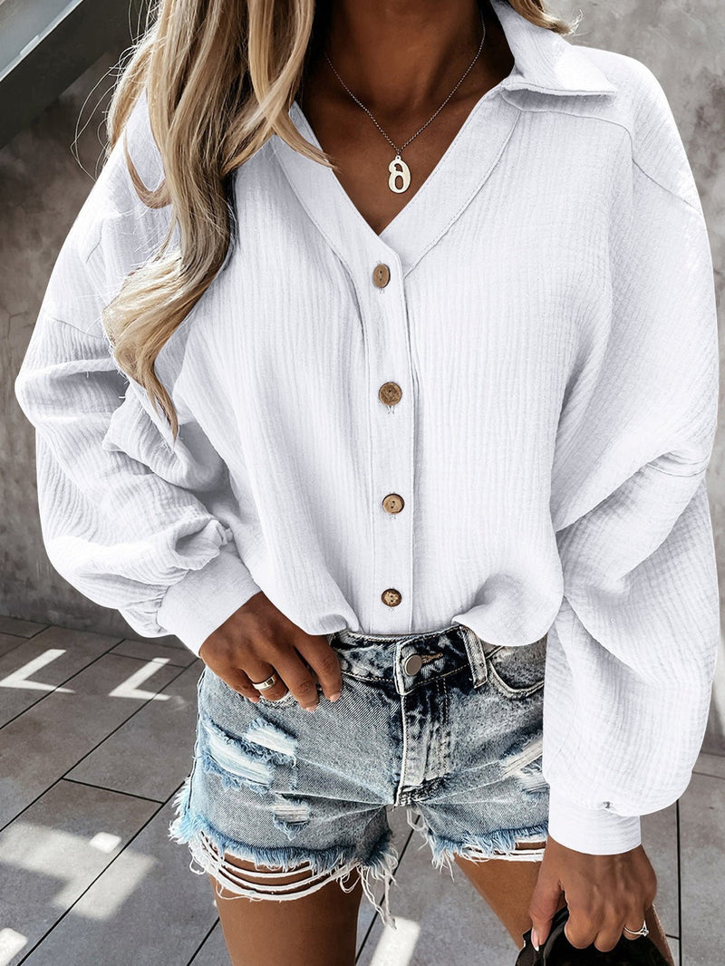 Women's Blouses V-Neck Button Balloon Sleeve Blouse