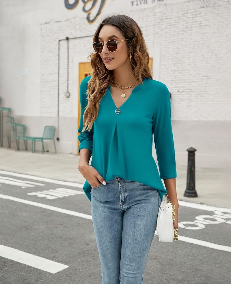 Women's Blouses V Neck Mid Sleeve Casual Loose Blouse