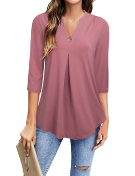 Women's Blouses V Neck Mid Sleeve Casual Loose Blouse