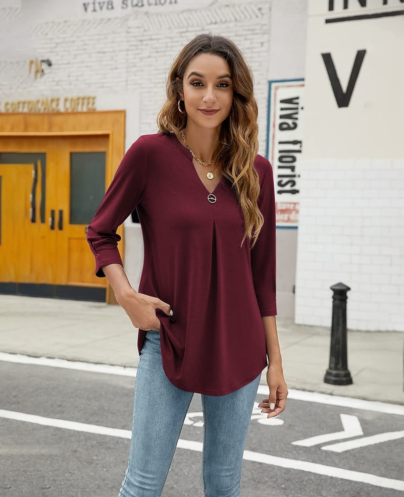 Women's Blouses V Neck Mid Sleeve Casual Loose Blouse