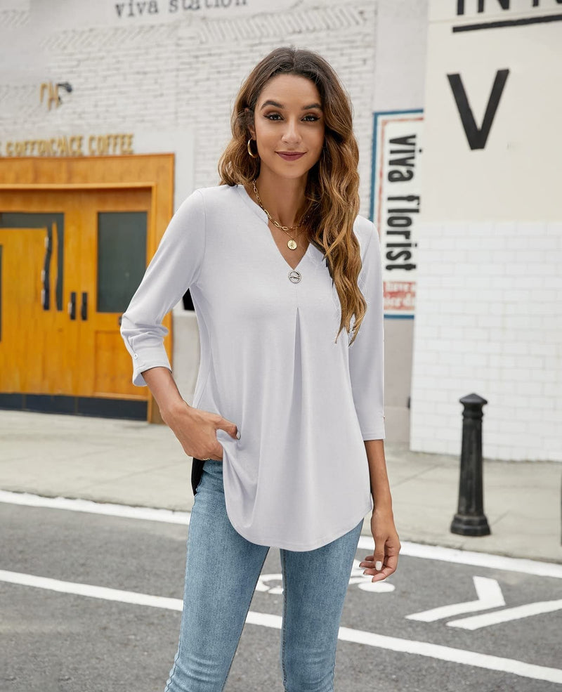 Women's Blouses V Neck Mid Sleeve Casual Loose Blouse