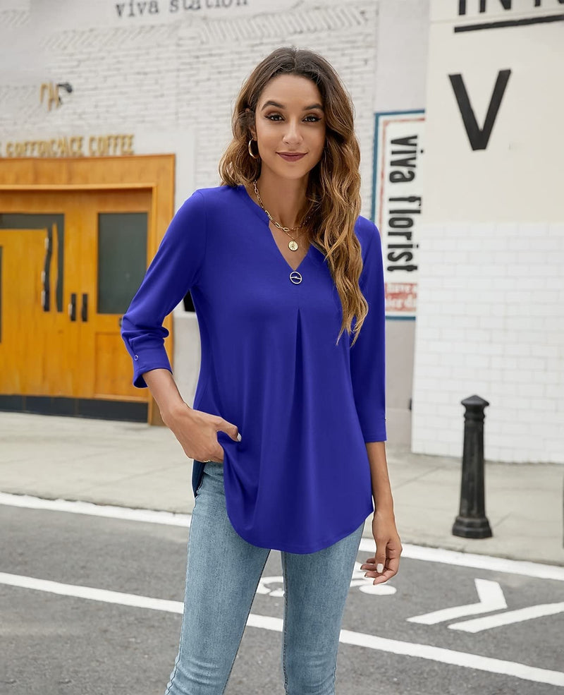 Women's Blouses V Neck Mid Sleeve Casual Loose Blouse