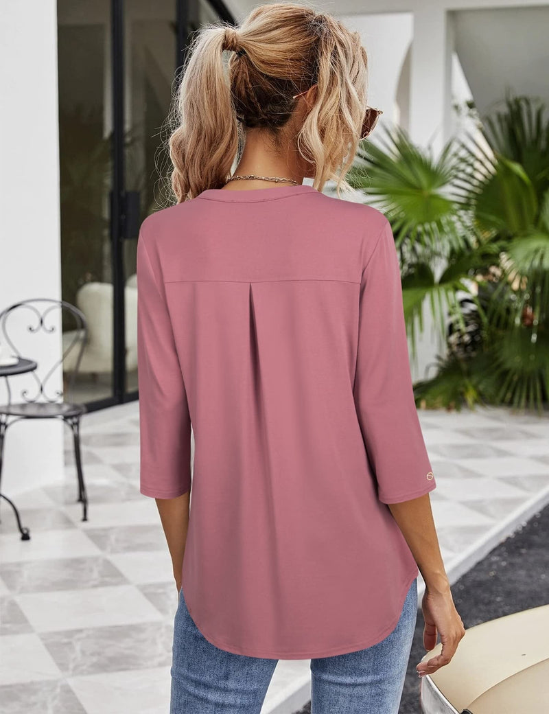 Women's Blouses V Neck Mid Sleeve Casual Loose Blouse