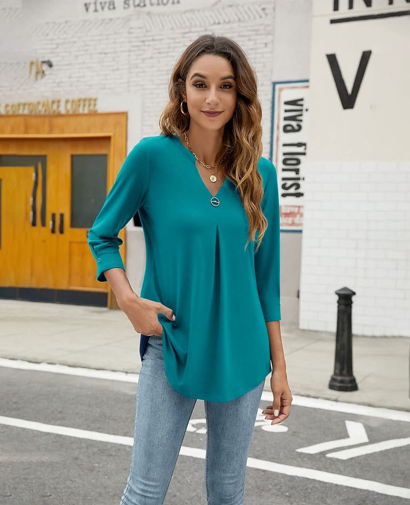 Women's Blouses V Neck Mid Sleeve Casual Loose Blouse