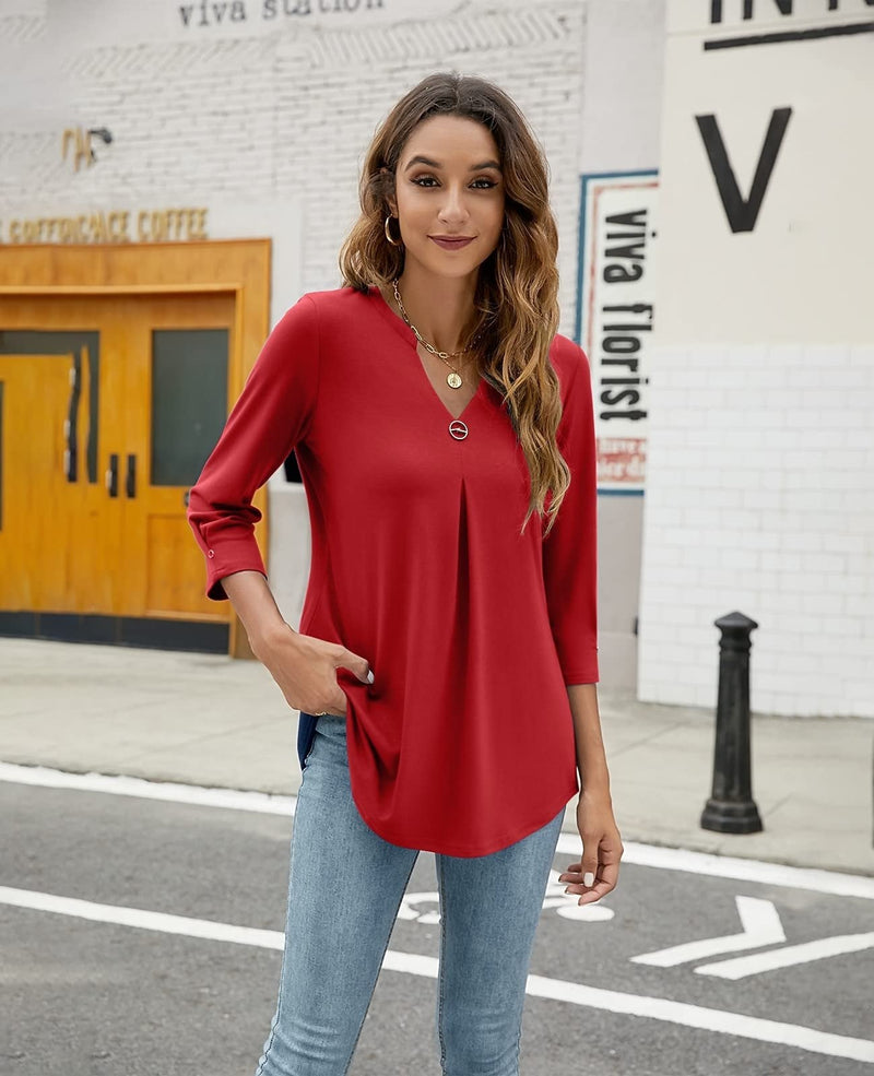 Women's Blouses V Neck Mid Sleeve Casual Loose Blouse