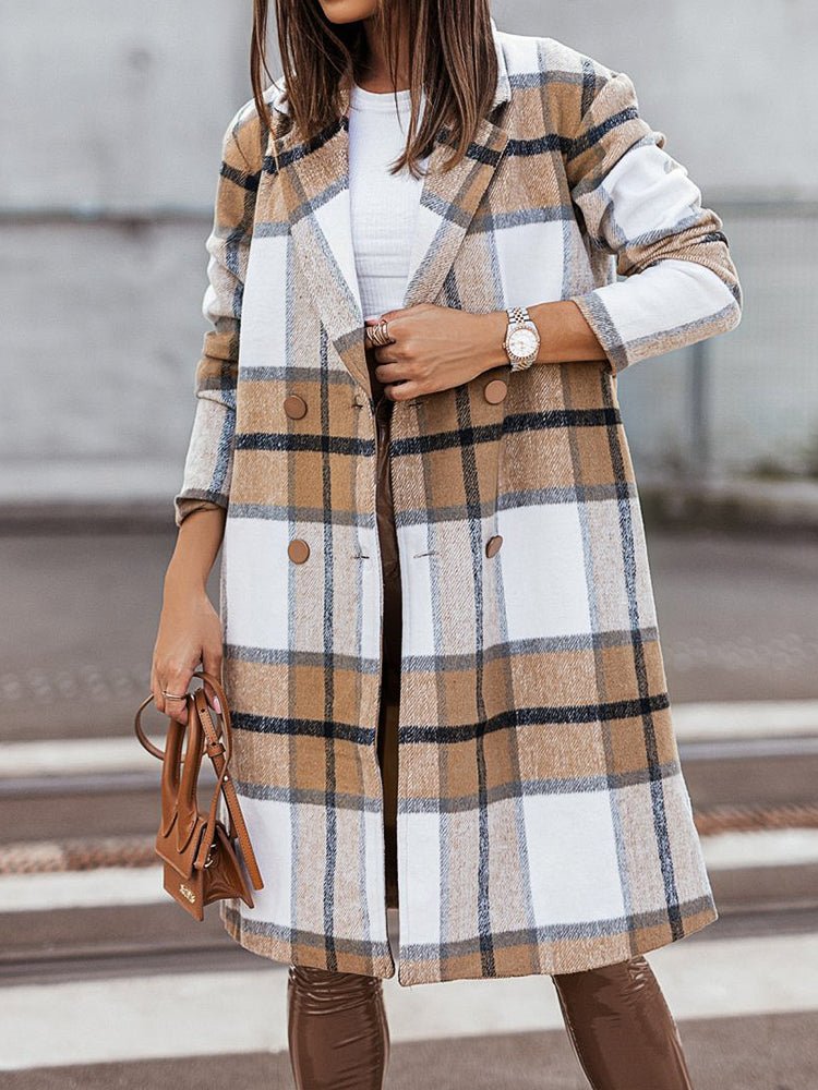 Women's Coats Lapel Plaid Print Wool Coat