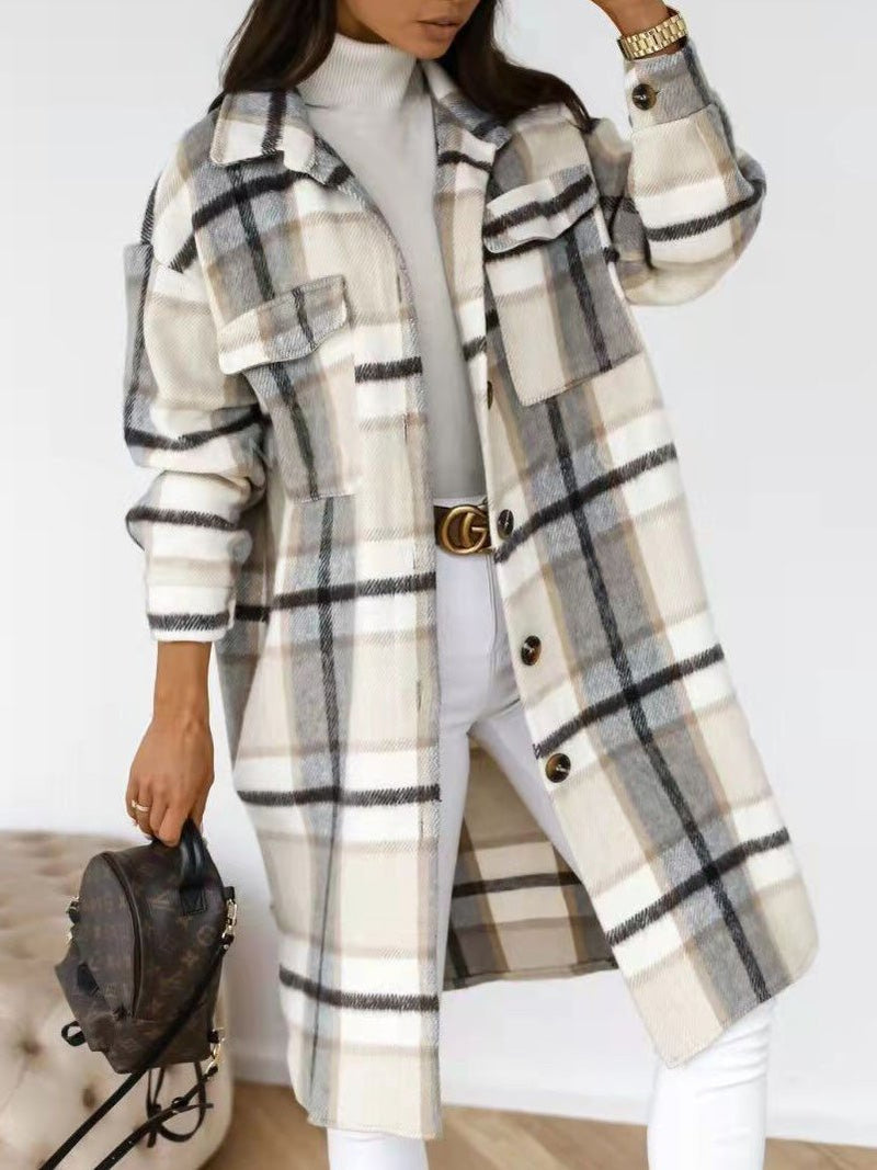 Women's Coats Single Breasted Plaid Brushed Mid Length Wool Coat