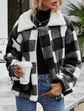 Women's Coats Zip Up Lapel Collar Plaid Coat