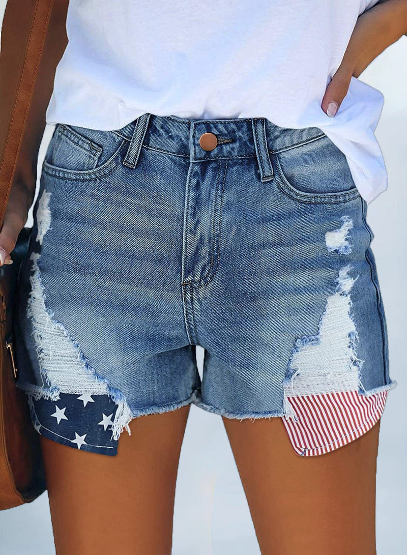 Short en Denim à Franges Rayures Étoiles avec Poche