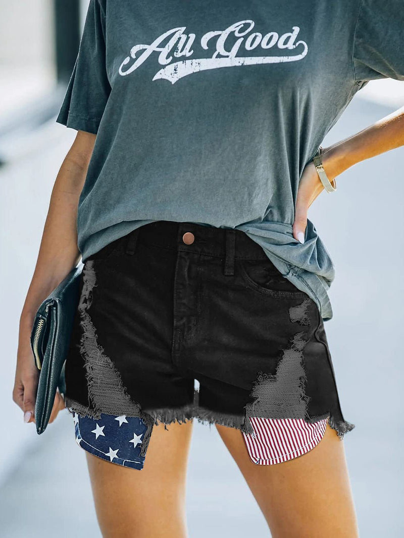 Short en Denim à Franges Rayures Étoiles avec Poche