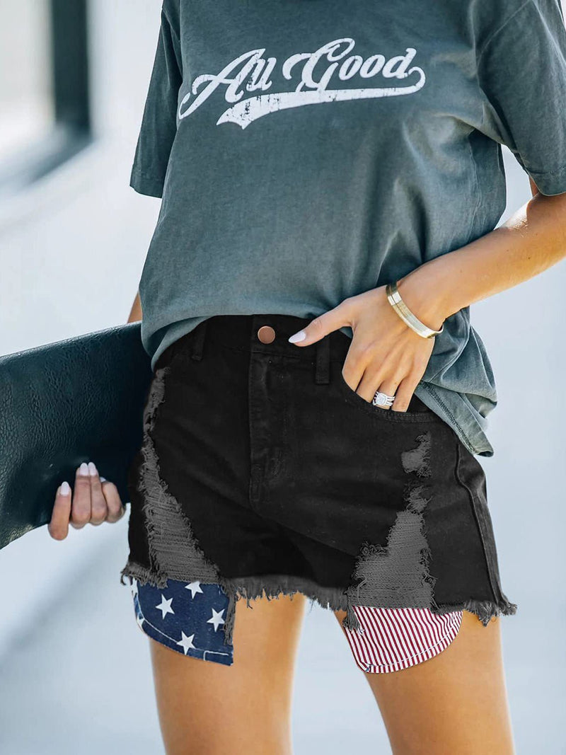 Short en Denim à Franges Rayures Étoiles avec Poche