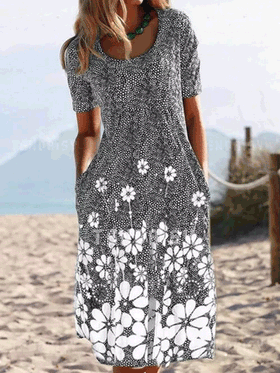 Robe Décontractée Manches Courtes avec Poche Floral Vintage