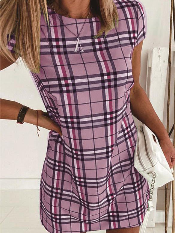 Women's Dresses Check Print Short Sleeve Slim Fit Dress