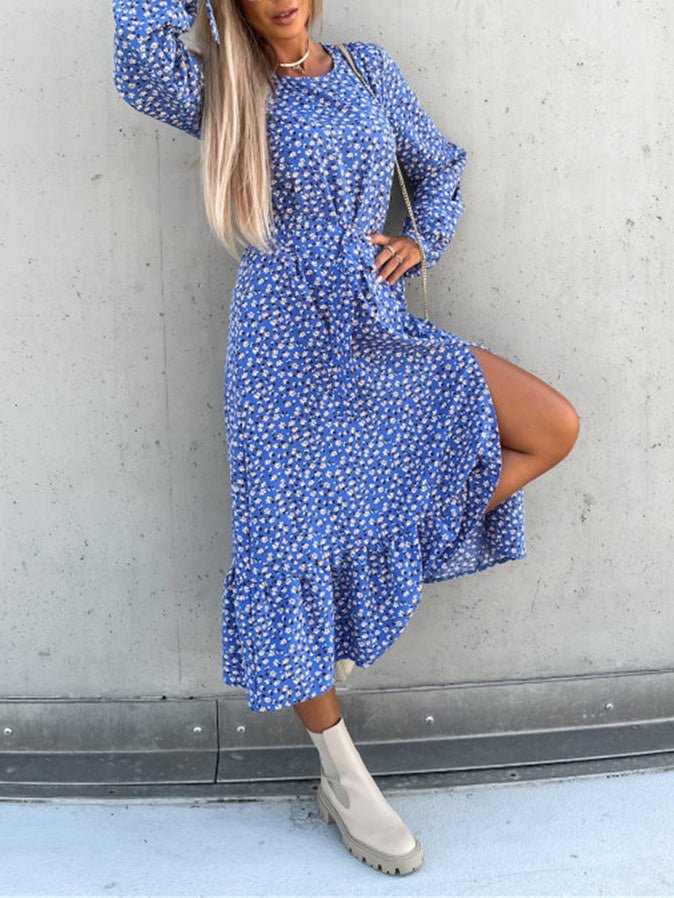 Women's Dresses Crew Neck Printed Long Sleeve Slit Dress