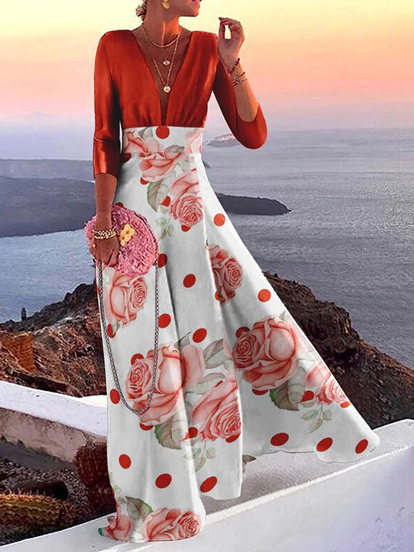 Women's Dresses Deep V Neck Long Sleeve Print Dress