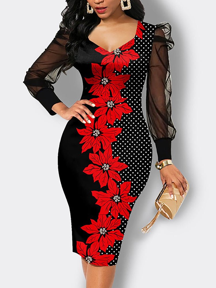 Women's Dresses Floral Printed Mesh Sleeve Polka Dot Midi Dress