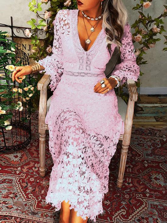 Women's Dresses Hollow Lace V-Neck Long Sleeve Dress