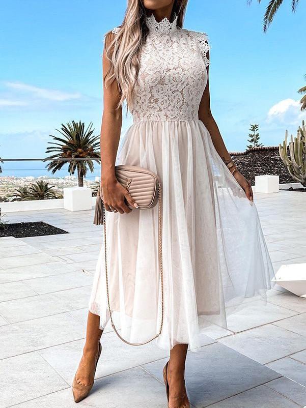 Women's Dresses Lace Paneled Mesh Sleeveless Dress