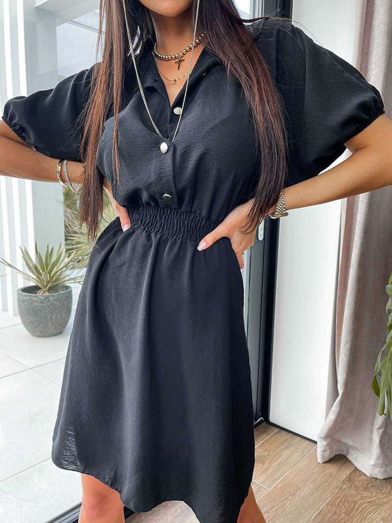 Women's Dresses Lapel Button Elastic Waist Short Sleeve Dress