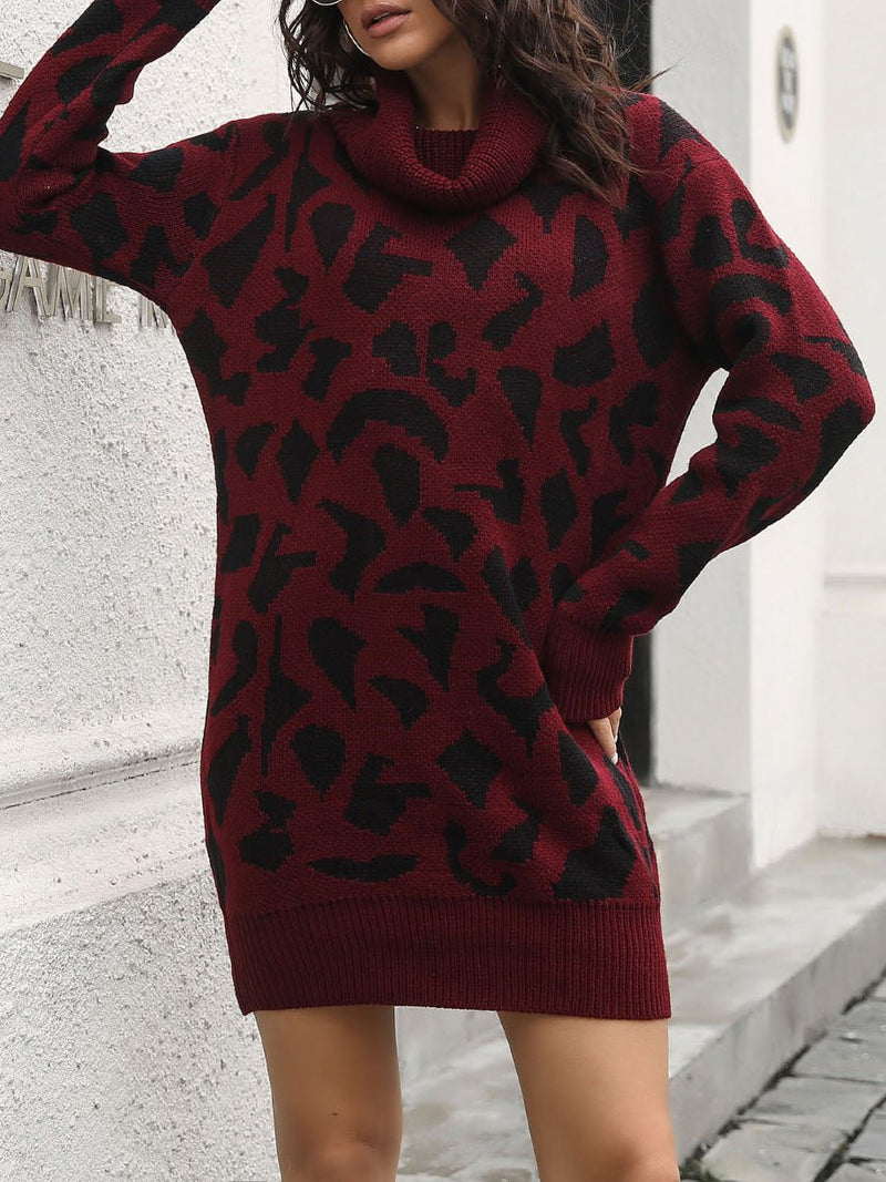 Women's Dresses Leopard Print Turtleneck Long Sleeve Knit Dress