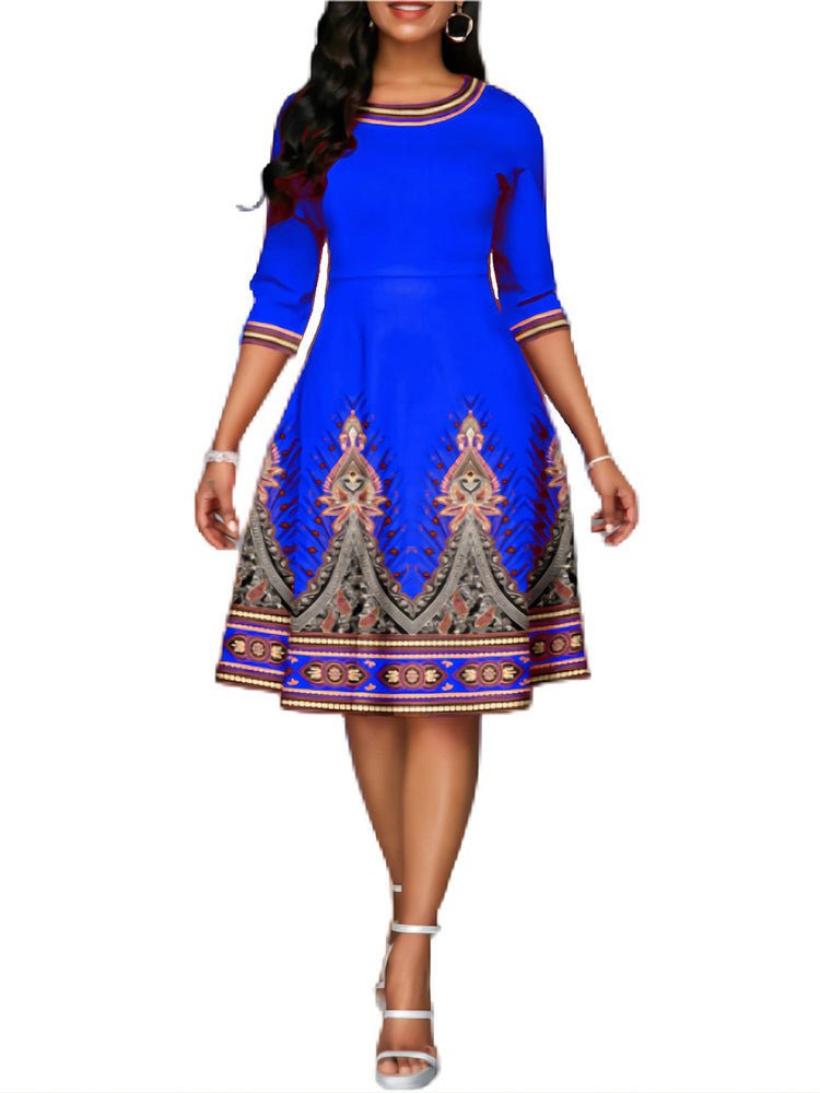 Women's Dresses National Style Printed High Waist Mid Sleeve Midi Dress