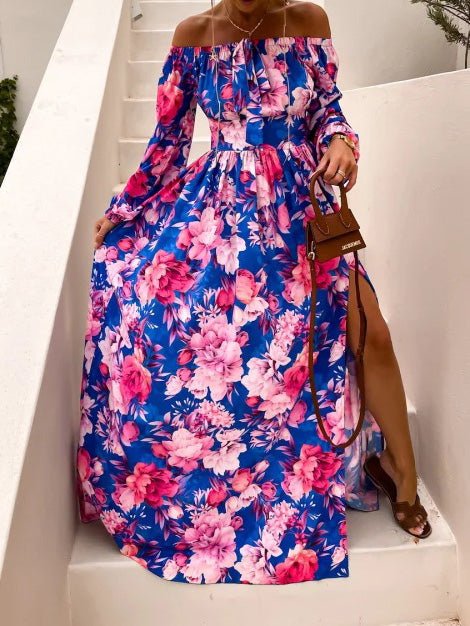 Women's Dresses One Word Collar Floral Print Long Sleeve Slit Dress