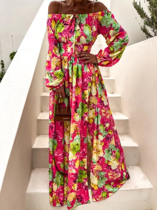 Women's Dresses One Word Collar Floral Print Long Sleeve Slit Dress