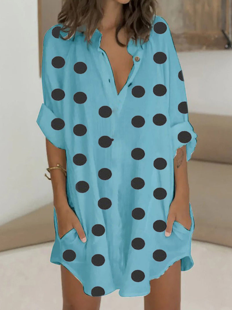 Robe à Pois et Col Chemise avec Poche