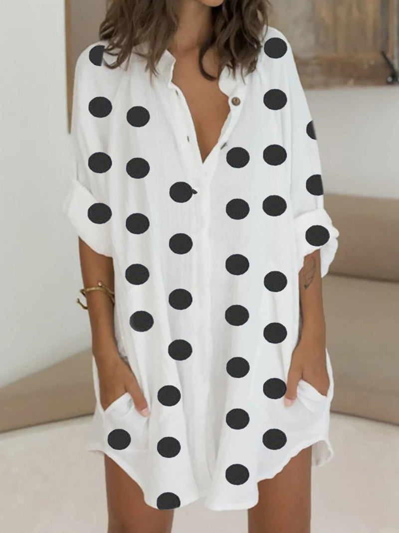 Robe à Pois et Col Chemise avec Poche