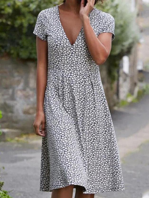 Robe Midi Manches Courtes Col V à Pois