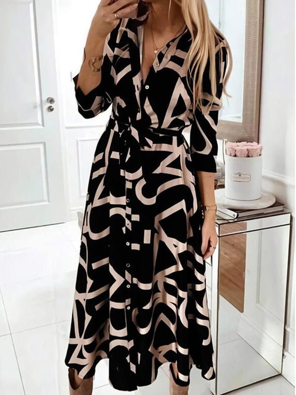 Women's Dresses Print Lace-Up Long Sleeve Shirt Dress