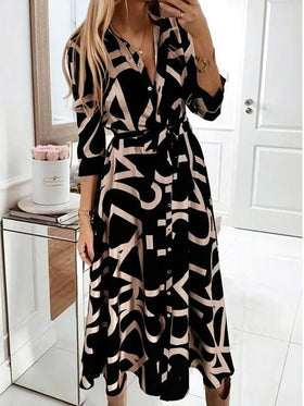 Women's Dresses Print Lace-Up Long Sleeve Shirt Dress