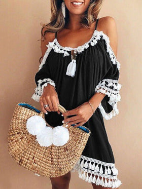 Women's Dresses Sling Fringed Off-Shoulder Dress