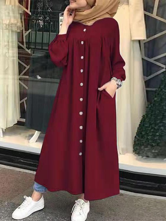 Women's Dresses Solid Pocket Button Long Sleeve Shirt Dress